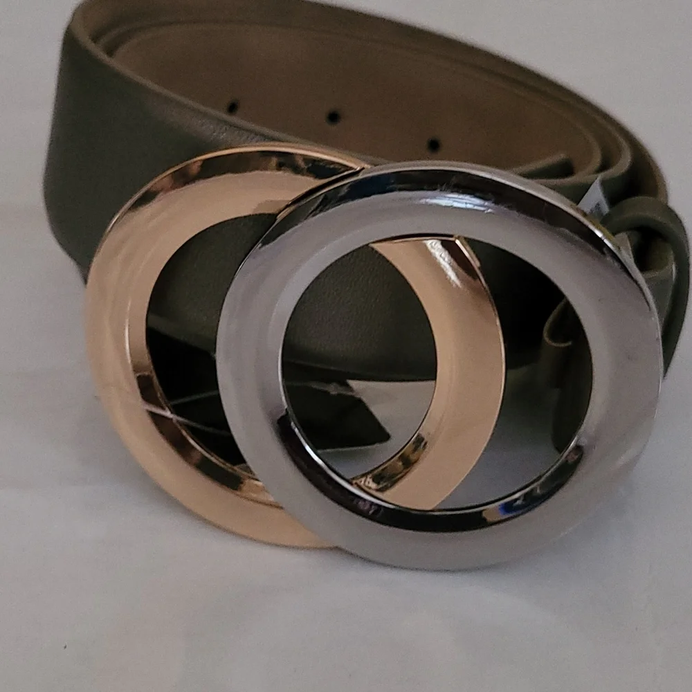 INC International Concepts belt Two tone Dbl Circle Buckle Pewter Sz Small New